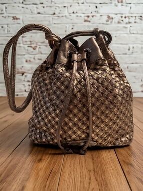 Elliot Lucca Metallic Bronze signature woven leather Drawstring Shoulder Bag